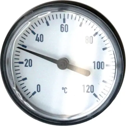 Thermometer mit blauen Markierungen und einer Skala von 0 bis 120 °C, hergestellt von Wolf. Zeiger zeigt die Temperatur auf dem weißen Ziffernblatt an.